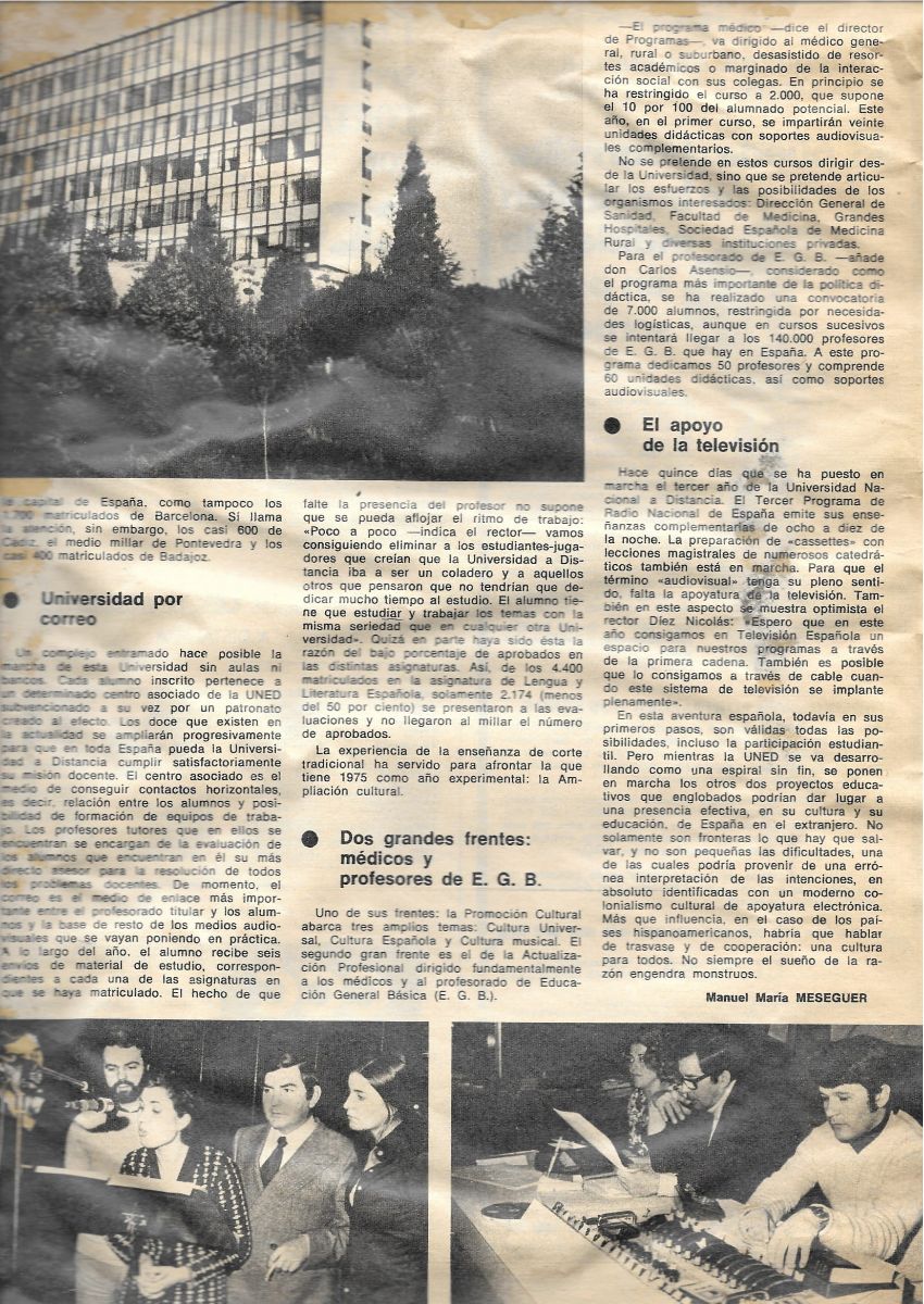 Artículo de Manuel María Meseguer sobre los primeros años de la universidad y sus planes de colaboración con otras universidades (ABC, 26/01/1975)