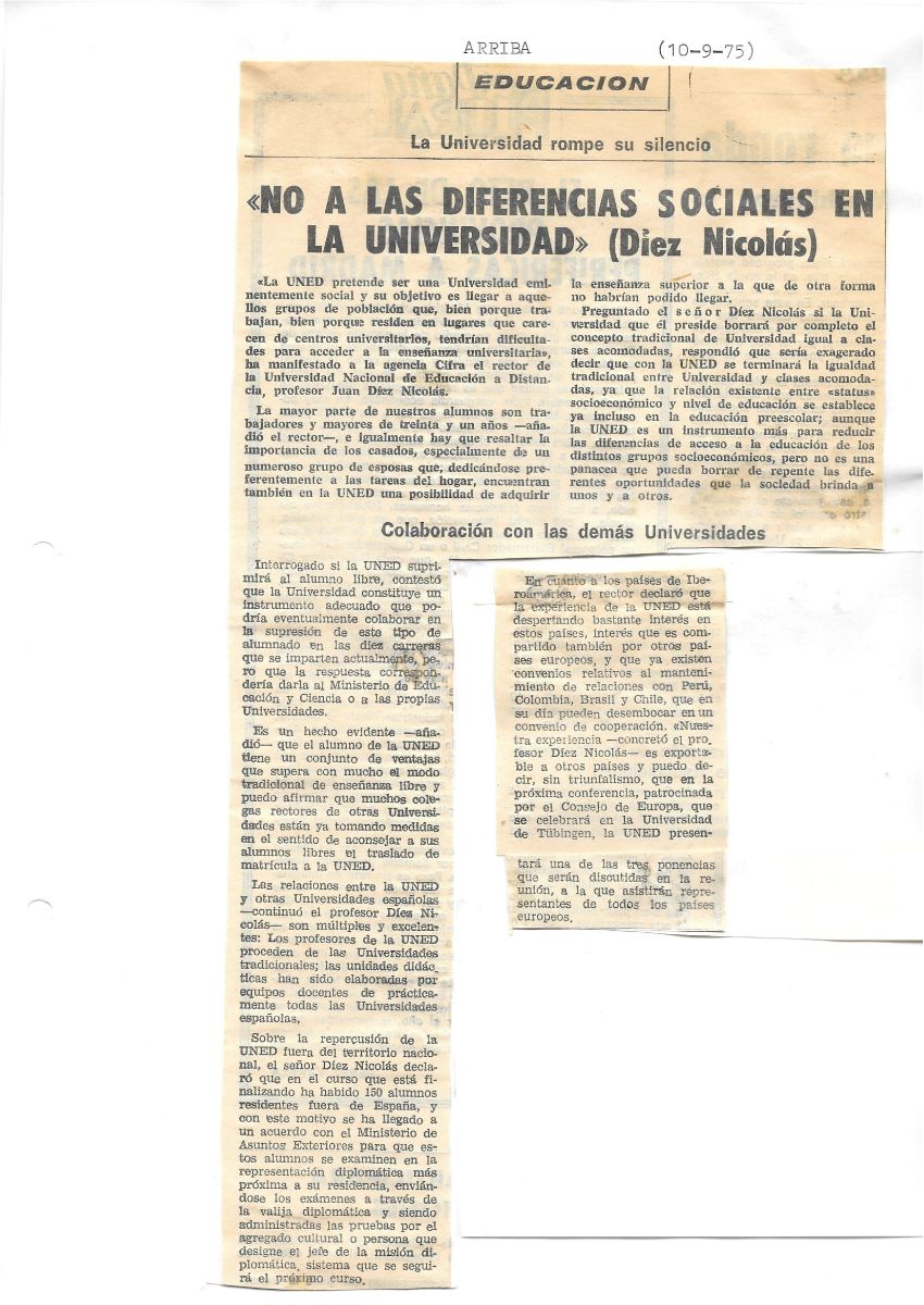 Breve artículo sobre las novedades de la UNED (Diario Arria, 10/09/1975).
