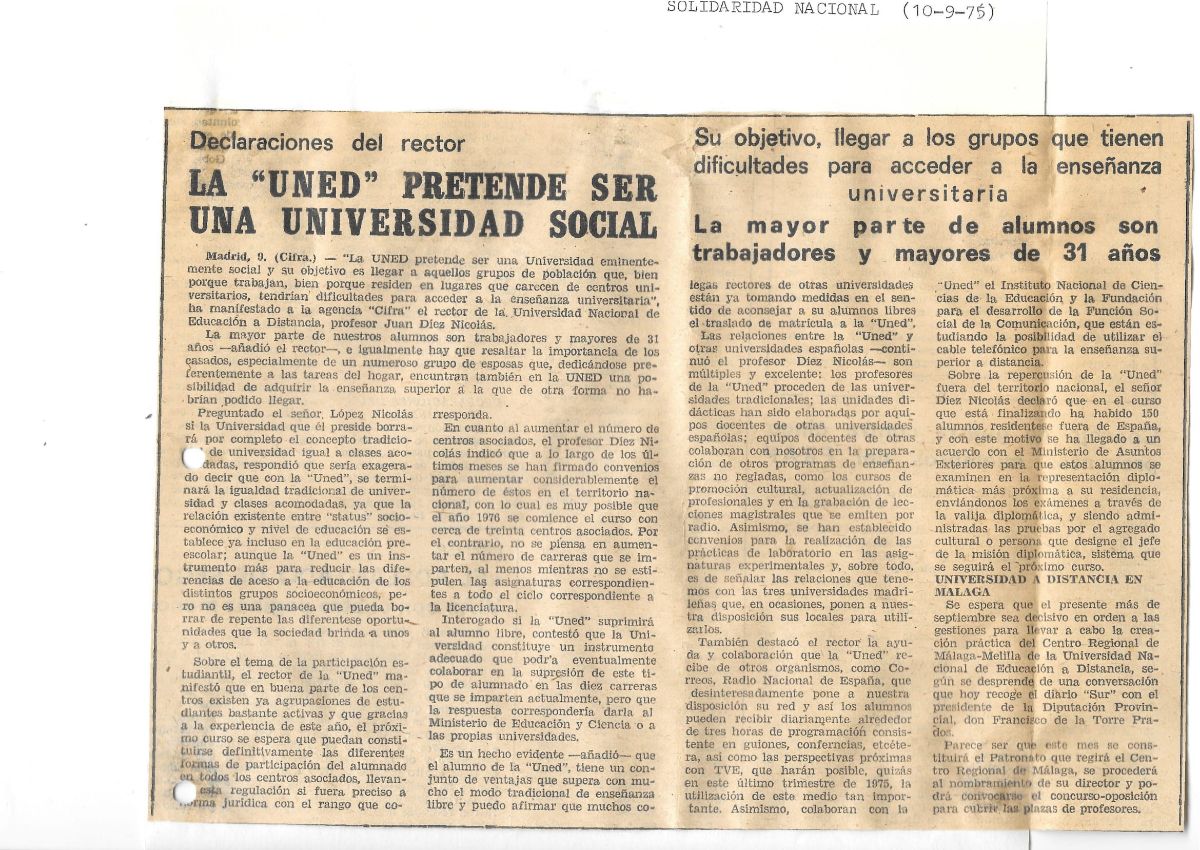 Declaraciones del rector Juan Díez Nicolás en prensa sobre la accesibilidad de la UNED (Solidaridad Nacional, 10/09/1975)