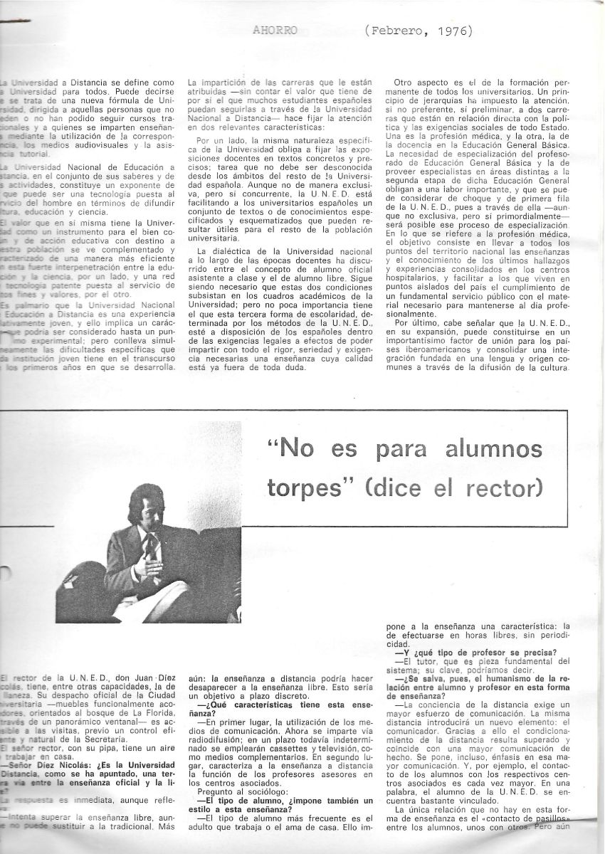 Entrevista de Carlos Fernández al rector Juan Díez Nicolás con motivo del nuevo curso 1975-1976 (Ahorro, febrero de 1976)