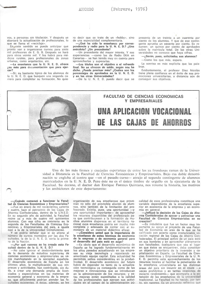 Entrevista de Carlos Fernández al rector Juan Díez Nicolás con motivo del nuevo curso 1975-1976 (Ahorro, febrero de 1976)
