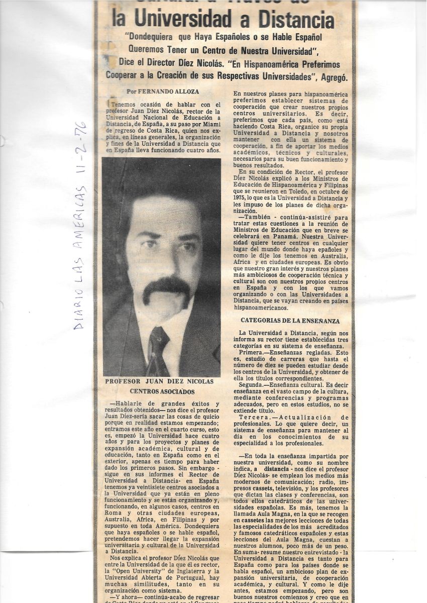 Entrevista de Fernando Alloza al rector Juan Díez Nicolás sobre los planes de colaboración con las universidades extranjeras (Diario Las Américas, 11/02/1976).