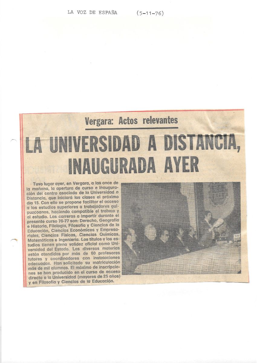 Breve nota de prensa sobre la inauguración del Centro Asociado de Bergara (Gipuzkoa) (La Voz de España, 05/11/1976).
