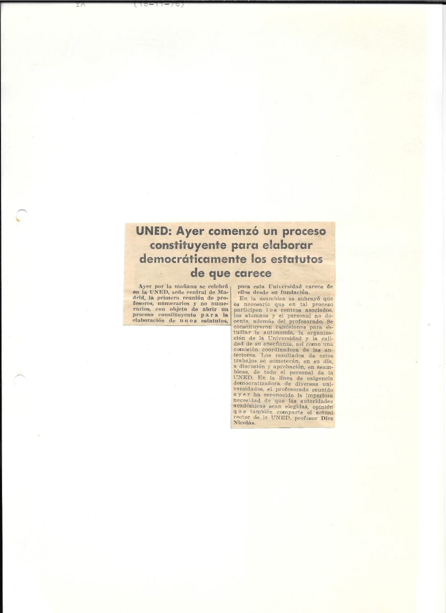Breve noticia sobre la asamblea celebrada en la UNED para elaborar los estatutos (YA, 18/11/1976)