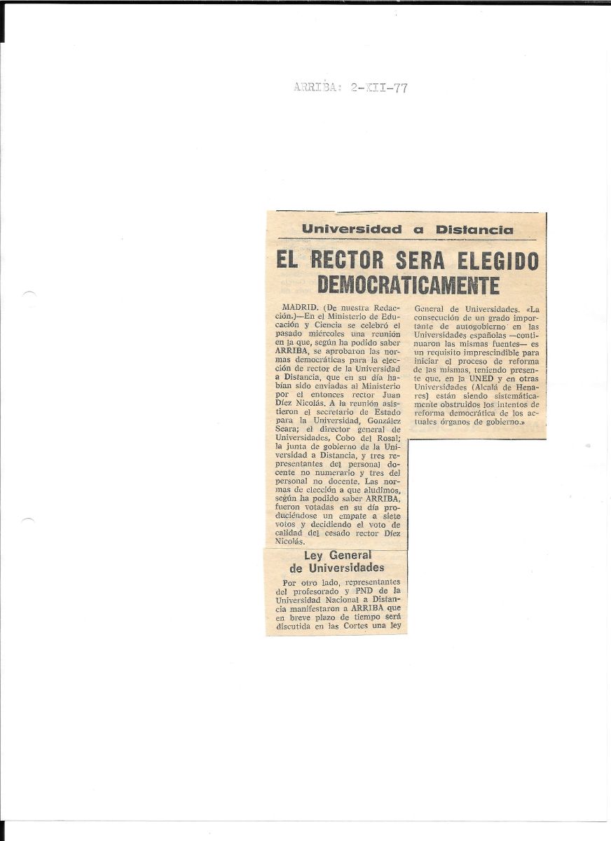 Artículo en el diario "Arriba" sobre la aprobación de las normas para la elección del rector de la UNED (02/11/1977)